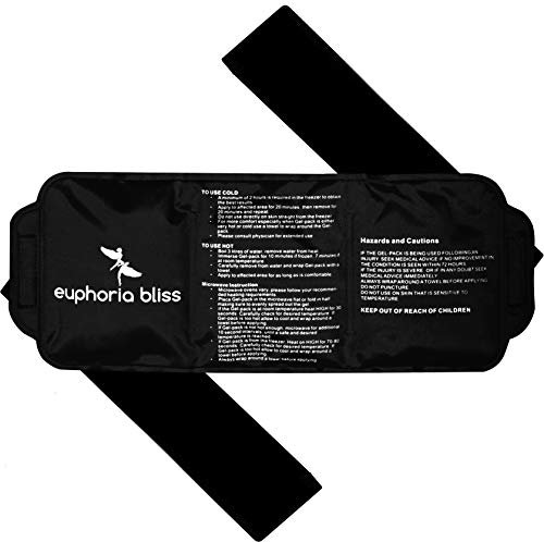 Hot and Cold Gel Ice Pack with Strap Reusable Flexible After Freezing 14'' x 6'' Back Neck Shoulders Jaw Wrist Legs Ankles Abdomen (Black)