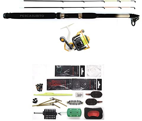 Pescasubito.com Kit ledgering Canna + Mulinello + Filo + Accessori da Pesca Lago Fiume Mare Feeder