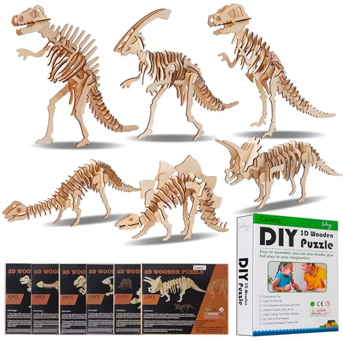 calary 3D Wooden Puzzle Simulation Animal Dinosaur Assembly DIY Model Toy for Kids and Adults,Set of 6
