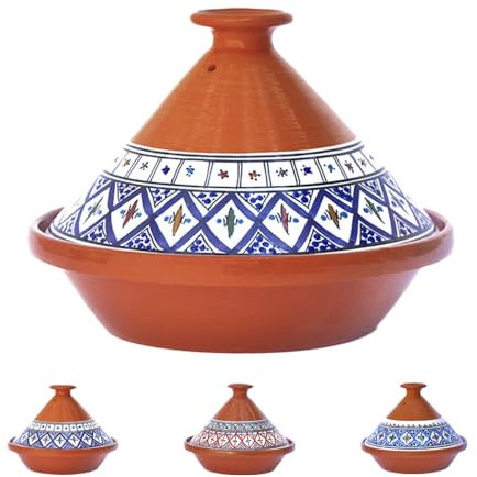 Kamsah Tagine Pot for Cooking and Flavor Enrichment - Medium Clay Pot 10”, 3.1 QT - Non-Stick Handmade Cookware - Moroccan Ceramic Pots for Cooking with Lid & Serving Bowl - Bohemian Classic Blue