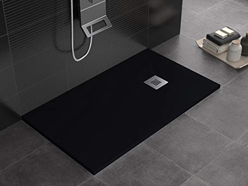 Plato de ducha negro de mineralmármol, superficie de pizarra de 3 cm, con revestimiento de gelcoat, antideslizante