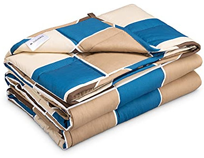 Navaris Gewichtsdecke 135x200 cm 4,8 kg - Bezug aus Baumwolle - 7 Schichten - Decke schwere Bettdecke - Beschwerte Decke - blau braun beige kariert