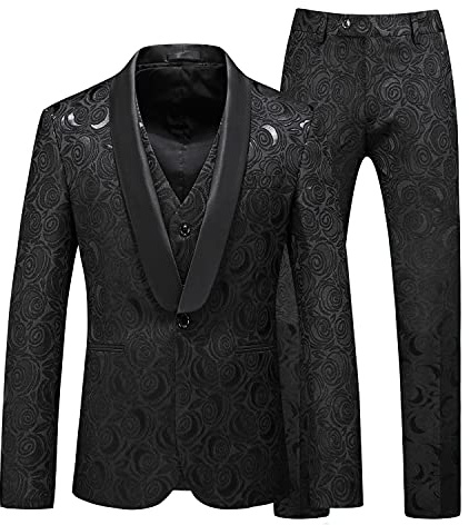 MOGU Suits for Men, Floral Tuxedo Set with Shawl Lapel, 1-Button Blazer, Vest & Elastic Waist Pants, 3-Piece Chest 42 Pants Waist 38 Black