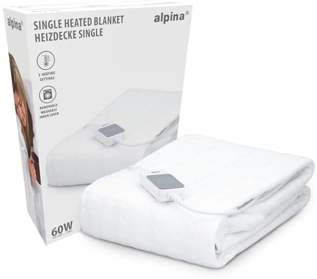 alpina Heizdecke - Wärmedecke 80 x 150CM - Wärmeunterbett 60W - Beheizbare Decke mit 3 Wärme-Einstellungen - Maschinenwaschbar im Wollprogramm - Schutzklasse II - Polyester - Weiß