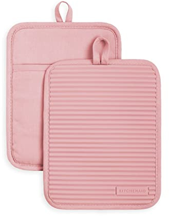 KitchenAid Ribbed Soft Silicone Pot Holder Set, Dried Rose