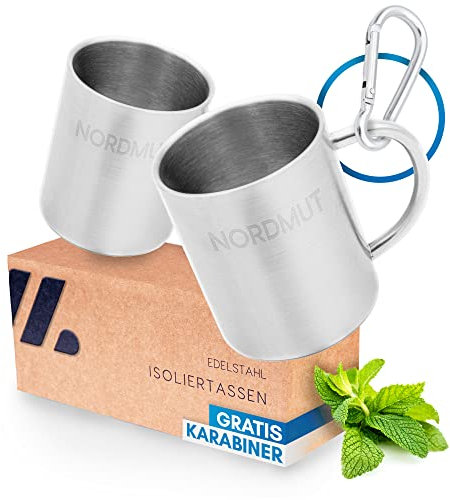 NORDMUT® Edelstahl Thermobecher [2er Set] Camping Tasse | nachhaltige Edelstahl Tasse | Kaffeetasse doppelwandig isoliert und BPA frei | Tassen Set für Camping & Outdoor [2 x 400 ml]