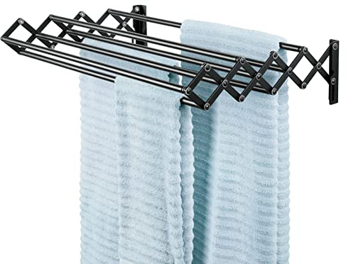 mDesign Steel Wall Mount Accordion Expandable Retractable Clothes Air Drying Rack - 8 Bars for Hanging Garments - Mounted Organizer for Laundry/Utility Room, Bathroom, Garage, Bardo Collection, Black