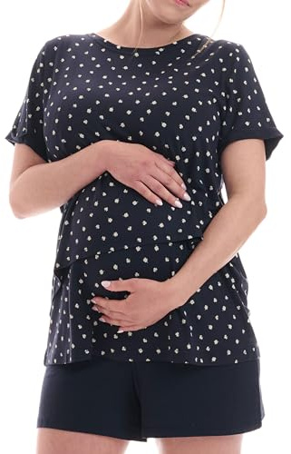 Herzmutter Pijama Corto para Embarazadas - Pijama de Lactancia Corto - Pijama de enfermería - Pijama de Maternidad - 2650 (S, Azul/Hoja)