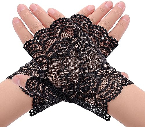 WLLHYF Guanti Corti in Pizzo da Donna per Halloween e Sposa - Eleganti Guanti Floreali Senza Dita per Tea Party con Protezione Solare