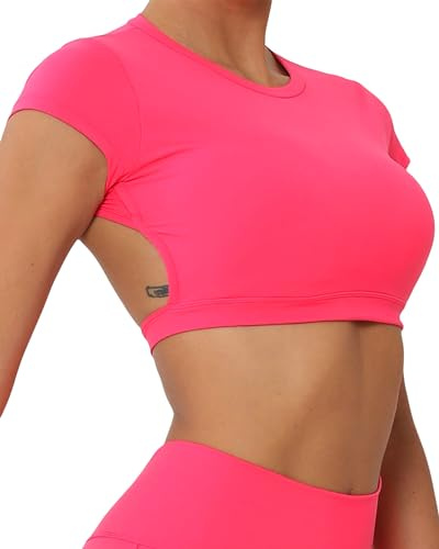 FEOYA Top sportivo da donna, a maniche corte, con schiena scoperta, per palestra, fitness, yoga, maglietta sportiva estiva, ad asciugatura rapida, funzionale a maniche corte, Colore: rosa., L