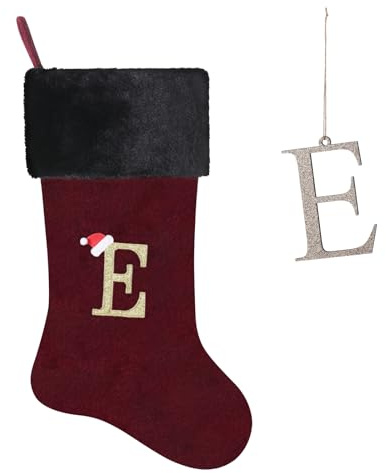Yehnois 20 Inches Letter Embroidered Christmas Stocking,Personalized Burgundy Velvet Christmas Stocking,Holiday Season Decor and Xmas Gift（E）