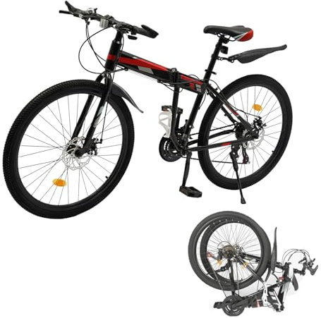 26 Zoll Mountainbike Klappbar, 21 Gang Klapprad, Klappfahrrad Erwachsene Jugendfahrrad MTB mit Scheibenbremsen vorne und hinten für Jungen Mädchen Damen Herren (Schwarz+Rot)