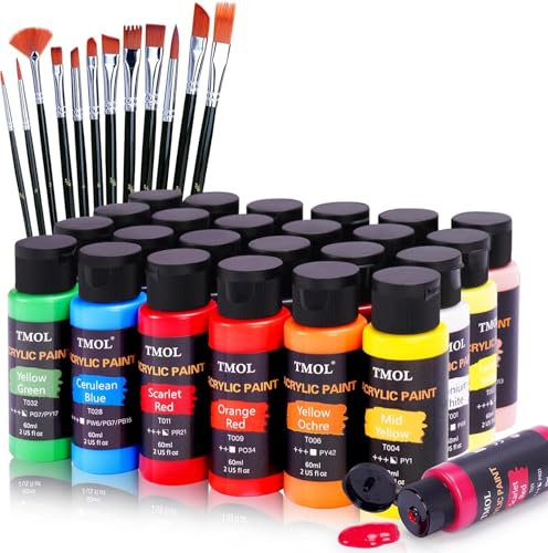 Acrylfarben Set, 24 Farben x 60 ml + 12 Pinsel, Acrylic Paint Set, Künstlerbedarf für Leinwand, Holz, Keramik, Stoffe, ungiftige Reiche Pigmente Acrylfarbe für Anfänger, Studenten, Profis, Künstler
