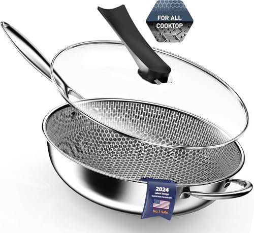 Kiseely Wok pan,Hybrid 13 inch Deep Fry Wok with Lid, Nonstick Pan with Stay-Cool Handle, Compatible with All Cooktops Including Induction, Stir Fry Pans with Round Bottom (CB6)
