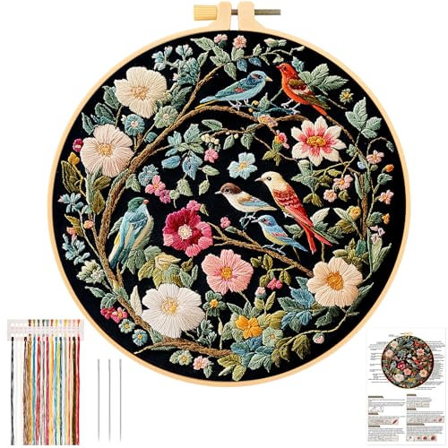 JSRQT Blume Kolibri Stickerei Starter Kit für Erwachsene Anfänger,Handgemachtes Kreuzstich Stickerei Kit,Nadelspitzen-Stickset für Heimdekoration