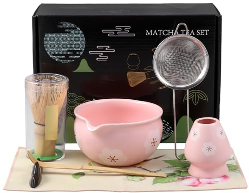 7 stycken Matcha-teservis, matcha-set med matcha-skål av keramik matcha kvast och stativ, matcha sked och teskedstativ, sil köksdukar, present till matcha-älskare, presentset (rosa)