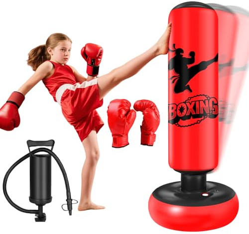 Qoosea Saco de Boxeo Niños 6-12 Años, 160cm Saco de Boxeo de Pie con Bomba de Aire y Guantes de Boxeo, Bolsa de Boxeo Inflable Estable para Karate, Kickboxing, MMA, Regalo Ideal para Niños y Niñas