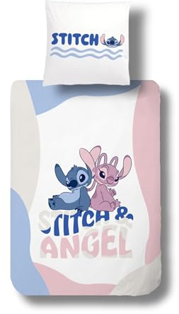 Disney Stitch - Biancheria da letto in flanella, 135 x 200 cm + 80 x 80 cm, in cotone, certificato Öko-Tex, chiusura lampo, morbido e caldo, per bambini, motivo originale Stitch Angel