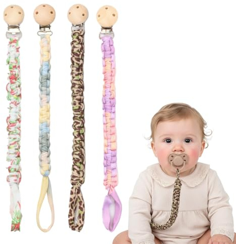 4er Set Schnullerkette Baumwolle Schnullerband mit Clip Anti-Drop Nuckelkette Einzigartiges Muster für Unisex, Lätzchen