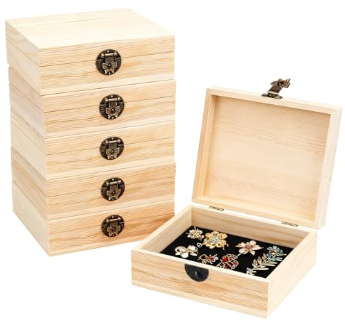 GBKDQQ 6 scatole di legno con coperchio, 15 x 10 x 5 cm, piccole scatole di legno con cerniere e lucchetto, scatola portagioie in legno, per confezioni regalo, fai da te e hobby
