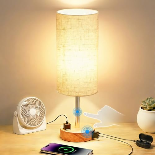Fitfull Table Lamp for Nightstand, High-Sensitivity Touch, 3-Level Dimmable Bedside Lamp with AC Outlet | USB | and USB-C, Ideal Night Stand Lamp for Bedroom, Reading, Living Room(Warm&Wooden)