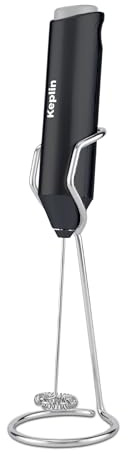 Keplin Handheld Milk Frother with Stand - Stainless Steel Electric Whisk - Portable Battery-Operated Coffee Frother for Lattes, Matcha, Protein Shakes - Ergonomic, Compact, Easy to Clean