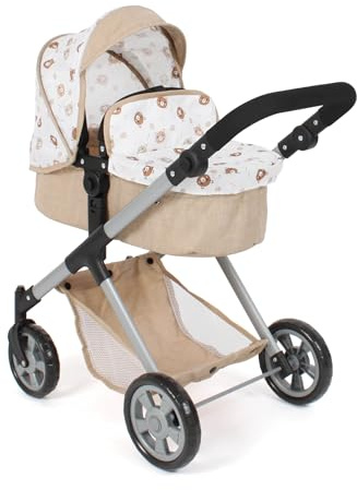 Bayer Chic 2000® 2-i-1 dockvagn Mila – beige björn – höjdjusterbart handtag 39–72 cm – modern ram – dockor upp till 50 cm – 3–7 J.