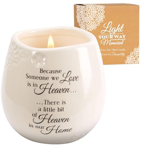 Pavilion 'In Memory, A Bit of Heaven' 19177 - White Ceramic Candle with Soy Wax in a Delicate Floral Scent, Thoughtful Sympathy, Remembrance, and Condolence Gift - 8 Ounces
