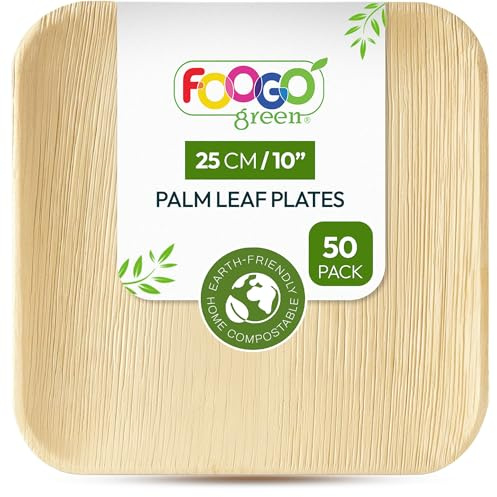 FOOGO Green 50pcs Disposable Palm Leaf Plates, 10(25cm) Large Square | Eco Friendly Biodegradable Compostable Like Wooden, Bamboo, Paper Plates for Hot Food, Picnic Wedding Parties