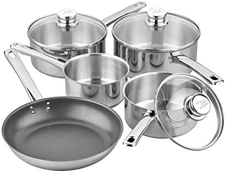 Tala Performance 5-teiliges Kochgeschirr-Set aus Edelstahl mit Töpfen und Glasdeckeln, 16, 18 und 20 cm, 14 cm Milchpfanne, 24 cm Antihaft-Bratpfanne, 5-teiliges Set, poliert, glänzend