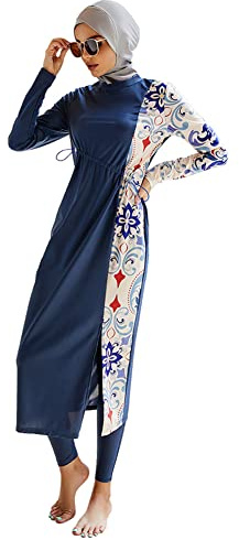 IMEKIS Maillot de bain musulman 3 pièces pour femme - Foulard modeste - Burkini islamique - Maillot de bain à manches longues - Haut de bain avec pantalon - Hijab - Maillot de bain complet, bleu foncé