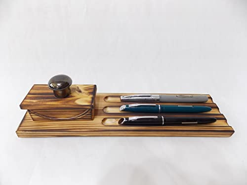 Mini Ink blotter & Triple Pen Stand Handcrafted Wood & Ceramic Desk top Ink Stand Fountain Pen dip Blotting Paper Holder Inkwellinserts