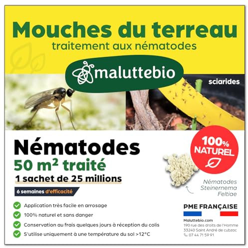 Nematodes mouches terreau 25 Millions - Traitement Bio Nématodes Longue Durée - Anti moucherons de terreau - Maluttebio - Traitement 50m²