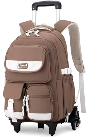 LANSHIYA Solid Color Rolling Backpack for Girls Boys Cute Elementary school bag with wheels,Brown Trolley Bags for Travel