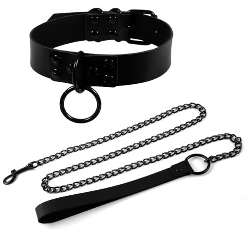 AWAVM Collier Ras du Cou Punk en Cuir PU Noir Chaîne et Anneau en O Gothique Sexy Ajustable pour Homme et Femmes Cosplay