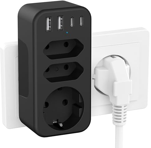 JSVER Mehrfachstecker Steckdosenadapter mit USB C, 7 IN 1 Mehrfachsteckdose mit 4 USB Netzstecker 3680W/16A Doppelstecker für Steckdose für Büro, zu Hause oder auf Reisen-Schwarz