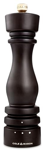 Cole & Mason London Moulin à sel – Shakers à épices rechargeables avec un design en bois de qualité supérieure – Réglable pour assaisonnements fins à grossiers – Bois de chocolat, 20,3 cm