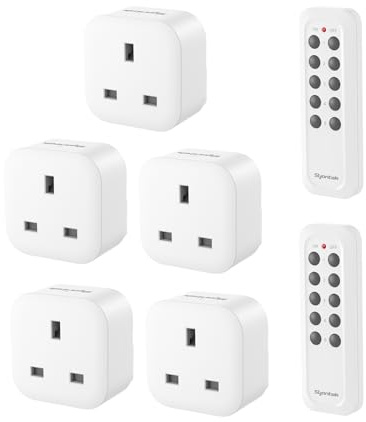 Syantek Remote Control Plug Socket Set UK, Wireless Remote Power Switch with 5 Sockets, 13A/3120W, 40m Range, for Lamps, Heaters, Christmas Lights