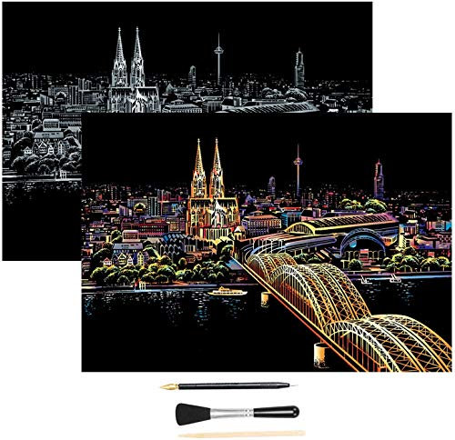 H HOMEWINS Kratzbilder 405 x 285 MM Weltberühmte Sehenswürdigkeiten Wandbild DIY Kunst Zeichnung City Night View Schwarz Beschichtet Bunte Kratzpapier mit Werkzeug Set (Kölner Dom)