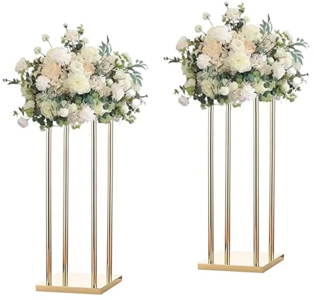 simprefine Pack of 2 24 Inch Tall Wedding Flower Vase Metal Flower Stand Gold Display Column Elegant Table Centerpiece for Flower Arrangements