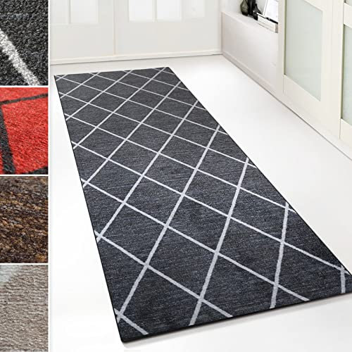 Floordirekt Teppich-Läufer Cosenza | Modernes Rauten-Design | Hochwertige Verarbeitung | Rutschhemmender Gelrücken | Erhältlich in 5 Farben & vielen Größen (80 x 200 cm, Schwarz)