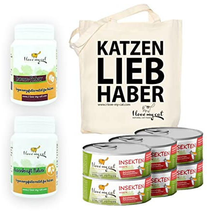 Juego de ahorro I Love My Cat para gatos sensibles a la nutrición – Alimento seco sin cereales 1,2 kg, alimento húmedo con proteína de insecto 6 × 100 g, alimento complementario de fuerza renal 35 g y