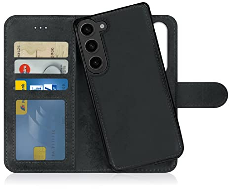 MyGadget Flip-fodral till Samsung Galaxy S23 Plus - [avtagbart magnetfodral] - mobilfodral av konstläder - [flipfodral med kortplats] skyddsfodral i grått svart