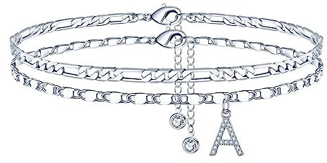 Fußkettchen für Damen, Silber Fussketten für Frauen Fußkettchen mit CZ Buchstaben A Figarokette Doppelte Fußketten Geschenk für Sommer Stand Schmuck Frau Mädchen Tochter Freundin Geschenk Verstellbar