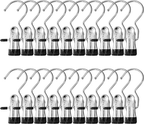 20 mollette da bucato in acciaio inox, gancio antiscivolo, clip girevole a 360°, clip per stivali, per pantaloni, scarpe, asciugamani, colore nero