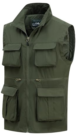 MeiLayM Uomo All'aperto Gilet da Pesca con Multi-Tasche Traspirante Asciugatura Rapida Sportivo Giacca Viaggio Casual Gilet Leggeri Traspirante Senza Maniche Gilet Fotografi Caccia Verde militare,M