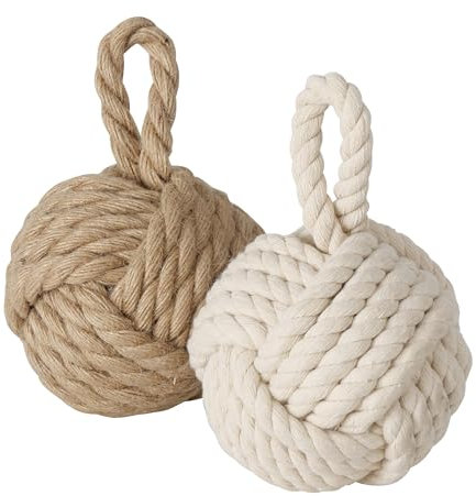 Lot de 2 butoirs de porte en toile de jute en crème et beige – 14 cm – Butoir de porte boule en tricot au design maritime – Noeud de corde de frein de porte butoir de fenêtre anti-pincement pour porte