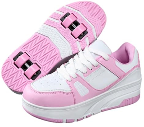 ENEN Roller Skate Shoes for Boys & Girls, Kids Outdoor Parkour Shoes with 4 Wheels Skateboarding Shoes Retractable Skating Shoes for Children's Sports Walking Pink White