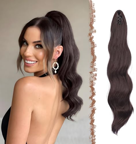 FESHFEN Coda Capelli Extension con Pinza, Lunga Ondulato Coda di Cavallo Clip Extension Nero Rossiccio Coda Finta Sintetico Posticci Ponytail per Donna 50 cm