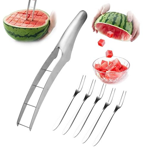 CHENNAN Coltello da Anguria in Acciaio Inox, Pratico Affettatrice per Anguria Taglia, Taglia Melone a Fette Acciaio, Con 5 Pezzi Forchette da Frutta, per Angurie, Meloni, Papaia, Frutti del Drago (A)